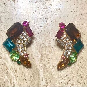 Vintage 1980s Multicolored Crystal Clip on Earrings